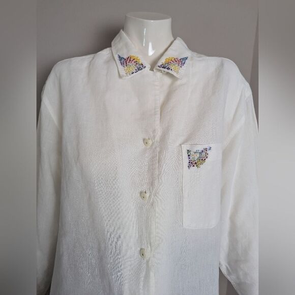 Vintage Tristan & Iseut White Rami Shirt – Floral Embroidered Collar – Size M Ov - Picture 4 of 10